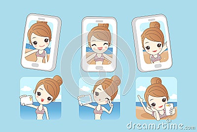 Cartoon woman smile take selfie Vector Illustration