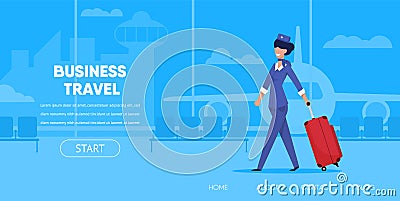 Cartoon Woman Stewardess in Uniform with Suitcase Vector Illustration