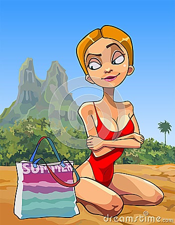 Cartoon woman in a swimsuit sits on the sand in summer Vector Illustration