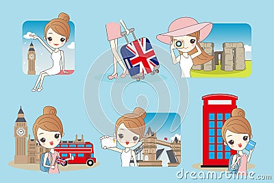 Cartoon woman travel in England Vector Illustration