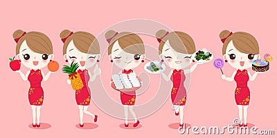 Cartoon woman wear cheongsam Vector Illustration