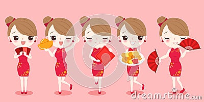 Cartoon woman wear cheongsam Vector Illustration