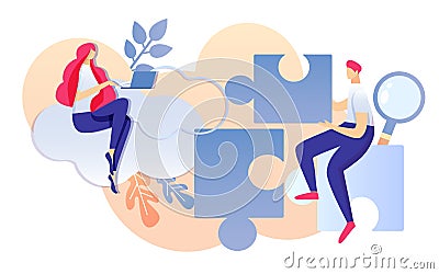 Cartoon Woman Work Notebook Man Holding Puzzle Vector Illustration