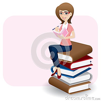 Cartoon woman writing diary on stack of book Vector Illustration