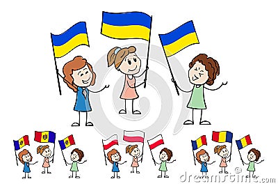 Cartoon women of different ages holding and waving the flags of Ukraine, Poland, Romania, Moldova. Happy stickfigures Vector Illustration