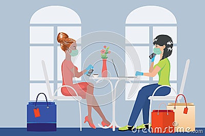 Women in mask with shopping bags and laptop in cafe Vector Illustration