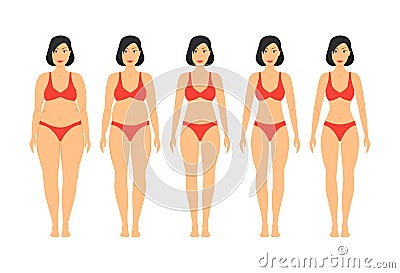 Cartoon Women Slimming Stages Set. Vector Vector Illustration