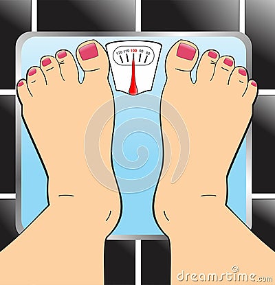 Cartoon women standing on scale watching her heavy weight in the bathroom floor Vector Illustration