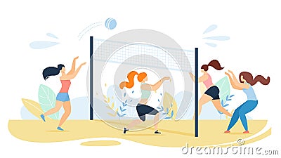 Cartoon Women Team Characters Playing Volleyball Vector Illustration