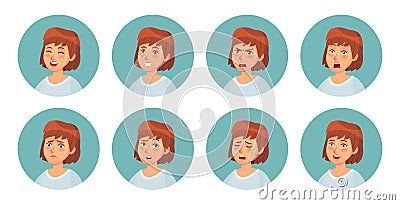 Cartoon womens emotions. Female character facial emotion, happy smiling woman and angry face portrait vector Vector Illustration
