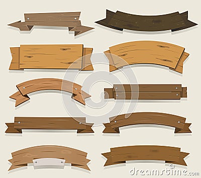 Cartoon Wood Banners And Ribbons Vector Illustration