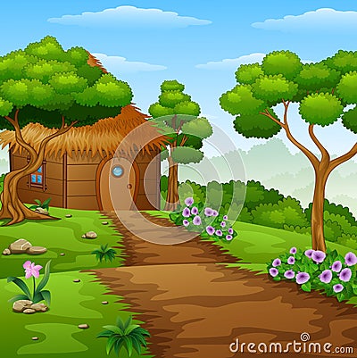 Cartoon wood cabin in the forest Vector Illustration