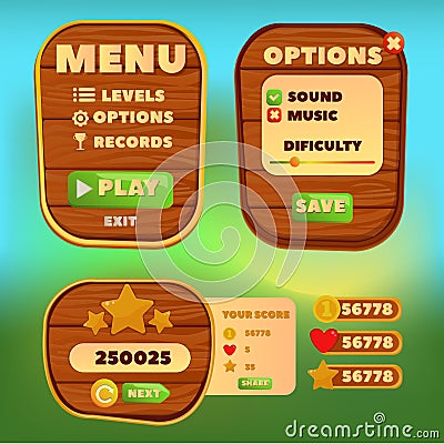 Cartoon Wood Control Panel For Ui Game menu elements of a funny cartoon design ui game cartoon stylized vector Cartoon Illustration