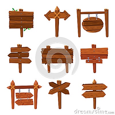 Cartoon wooden arrows. Vintage wood sign boards and arrow signs. Isolated signpost vector set Vector Illustration