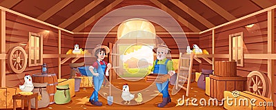 Cartoon wooden barn with farmers, haystacks,chickens and garden tools Vector Illustration