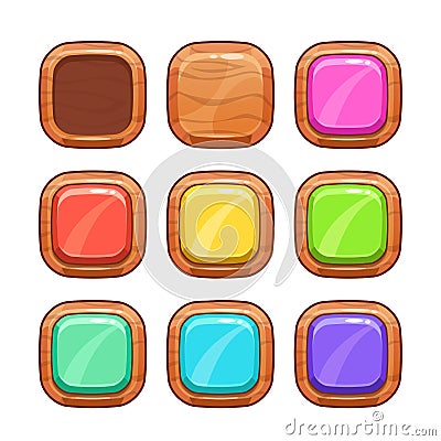 Cartoon wooden buttons set. Vector Illustration