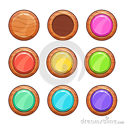 Cartoon wooden buttons set. Vector Illustration