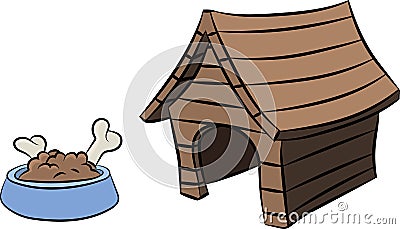 Cartoon wooden dog house and a dog bowl full of food and bones Vector Illustration