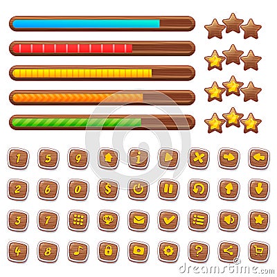 Cartoon wooden game assets, simple kit for game ui development, vector gui elements. Vector Illustration