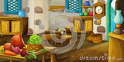 Cartoon wooden house interior kitchen on farm ranch Cartoon Illustration