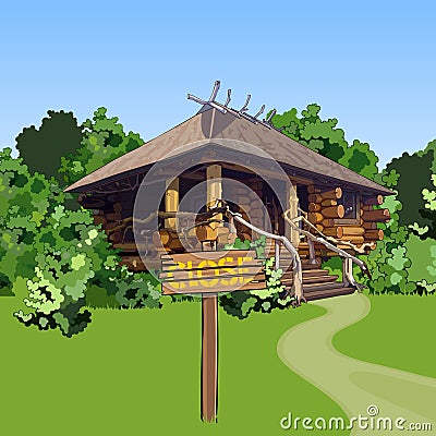 Cartoon wooden house in the woods with a sign Vector Illustration