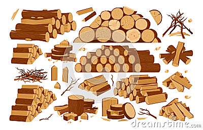 Cartoon wooden logs, firewood piles and stacked bonfire firewoods. Wood industry materials, lumber branch and twigs vector symbols Vector Illustration