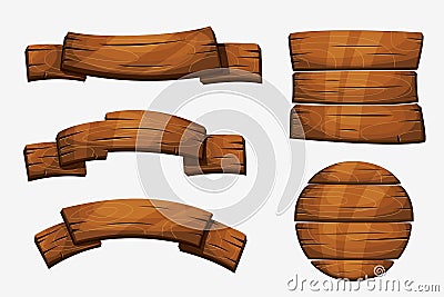 Cartoon wooden plank signs. Wood banner vector elements on white background Vector Illustration