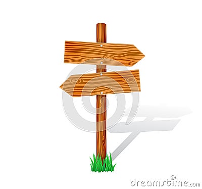 Cartoon wooden signpost with grass. Isolated arrow sign vector illustration. Vector Illustration