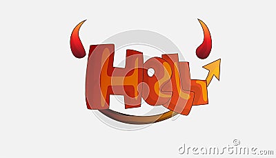 Cartoon word Hell with devil horns and tail in red and dark color, isolated on grey background. Hell devil word, cute Vector Illustration