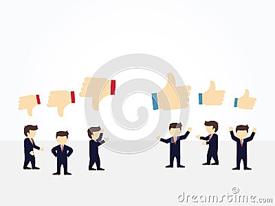 Cartoon working little people with like and dislike signs. Vector illustration for business design and infographic. Vector Illustration