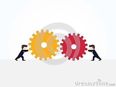 Cartoon working little people pulling huge cogwheels towards each other. Vector illustration for business design and infographic Vector Illustration