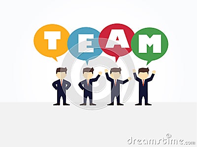 Cartoon working little people with speech bubbles and team wording. Vector illustration for business design and infographic Vector Illustration