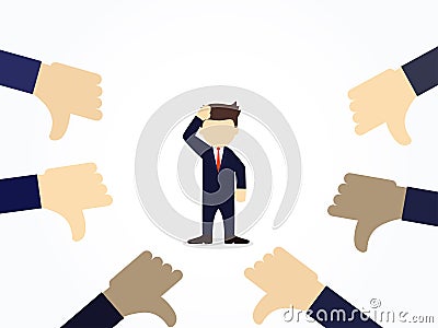 Cartoon working little people with thumbs down hand around. Vector illustration for business design and infographic Cartoon Illustration