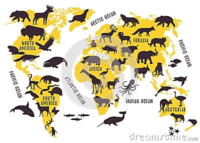 Cartoon World Map with Animals Silhouettes for Kids. Vector Illustration