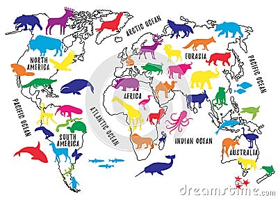 Cartoon World Map with Animals Silhouettes for Kids. Vector Illustration