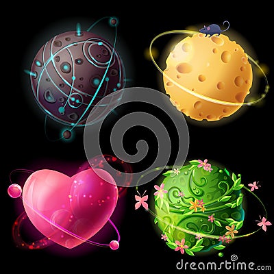 cartoon worlds set. Alien, cheese, plants, love planets illustration. Cosmic, space elements for game design. Cartoon Illustration