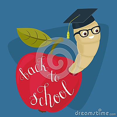 Cartoon worm in alumni hat and glasses peeking from a read apple Vector Illustration