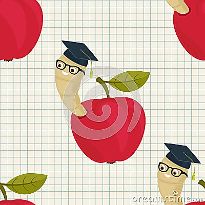 Cartoon worm in alumni hat and glasses peeking from a read apple Vector Illustration