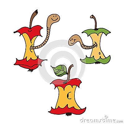 Cartoon worms in apple core, hand drawn vector illustration Vector Illustration