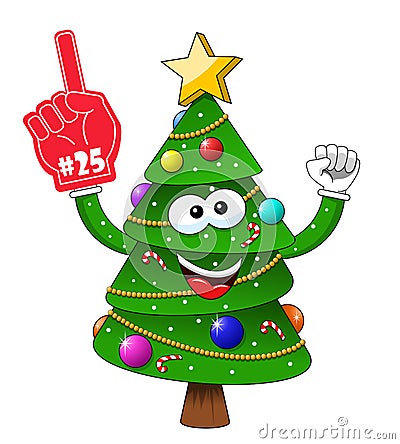 Cartoon xmas christmas tree exulting number 25 glove supporter fan isolated Vector Illustration