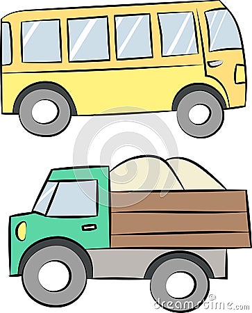 Cartoon yellow bus and green truck vector illustration Vector Illustration