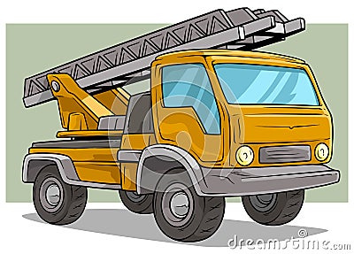 Cartoon yellow cargo truck with metal ladder Vector Illustration
