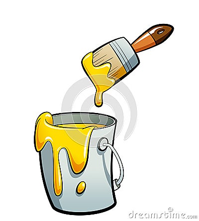 Cartoon yellow color paint in a paint bucket painting with paint Stock Photo