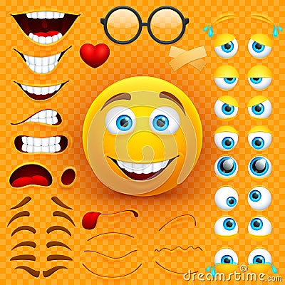 Cartoon yellow 3d smiley face vector character creation constructor. Emoji with emotions, eyes and mouthes set Vector Illustration