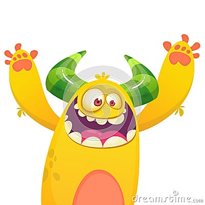 Cartoon yellow furry monster. Halloween vector illustration of excited monster. Vector Illustration