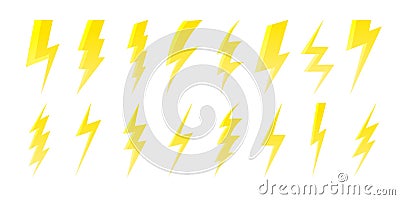 Cartoon yellow lightning bolt. Fast shiny electric arrow symbols, glossy lightning electric sign, power bolt energy icon Vector Illustration