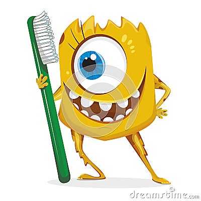 Cartoon yellow monster with toothbrush. Vector Illustration