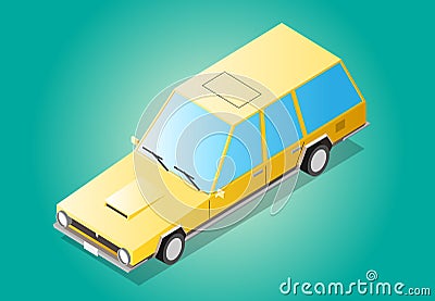 Cartoon yellow old retro flat isometric long car Vector Illustration