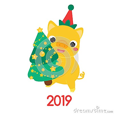 Cartoon yellow pig, symbol of 2019 party holding new year spruce tree. Winter greeting Vector illustration Vector Illustration