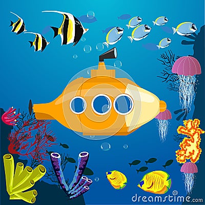 Cartoon yellow submarine underwater. Submarine background with fish Vector Illustration